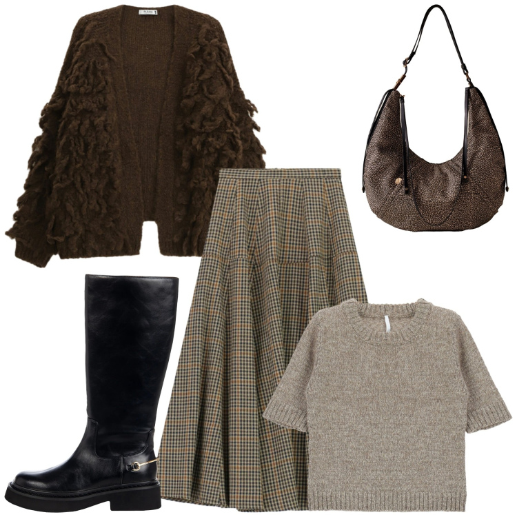 Outfit donna - Ritorno al passato. Stile Vintage retrò per Tutti i giorni. Abbinamento con cardigans, stivali sopra il ginocchio, gonne lunghe, maglieria, borse a spalla.