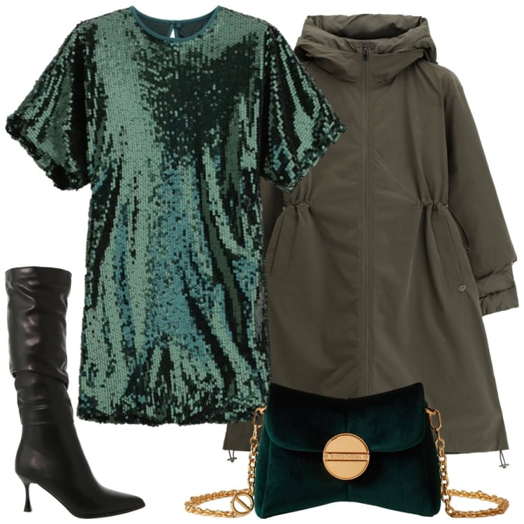 Outfit donna - Serata con stile - Focus Donna. Stile Glamour per Serata fuori. Abbinamento con parka, vestiti corti, stivali sopra il ginocchio, borse a tracolla.