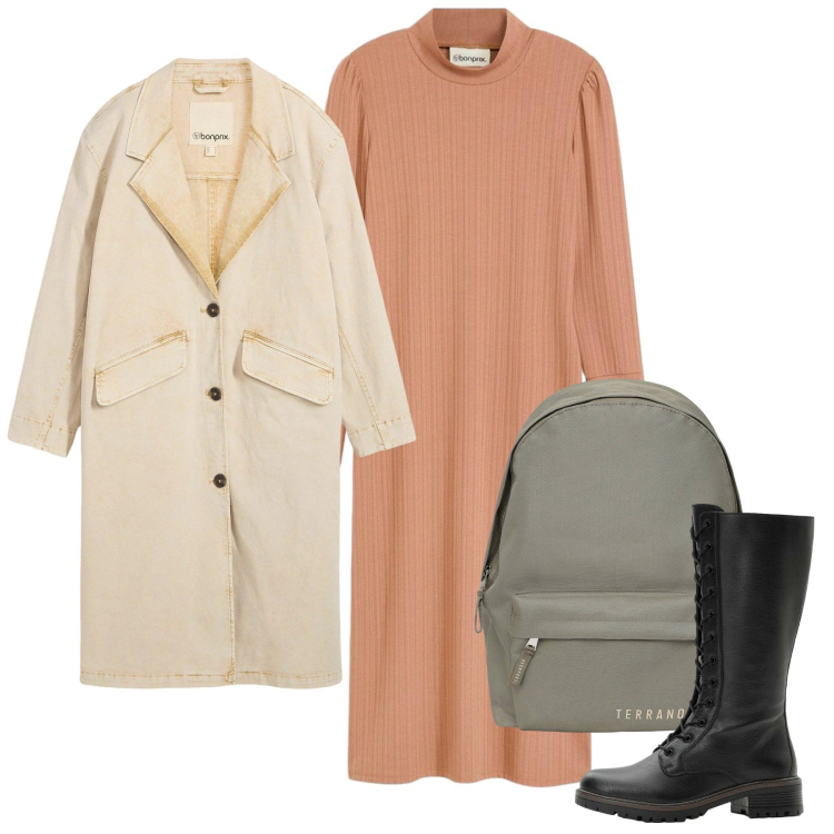 Outfit donna - Salmone. Stile Minimal per Tutti i giorni. Abbinamento con trench, stivali, vestiti, zaini.