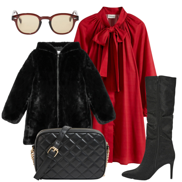 Outfit donna - Natale è vicino. Stile Chic per Serata fuori. Abbinamento con vestiti, stivali, borse a tracolla, cappotti, occhiali da sole.