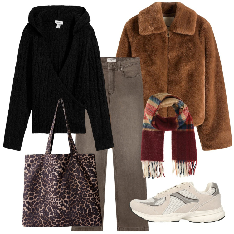 Outfit donna - Tabacco sui jeans. Stile Casual chic per Tutti i giorni. Abbinamento con pullovers, ecopellicce, sciarpe, jeans bootcut, shopping bag, sneakers.