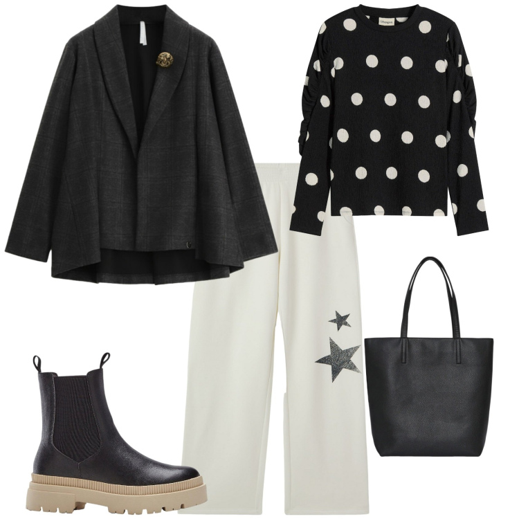 Outfit donna - Urban retro in saldo. Stile Urban per Tutti i giorni. Abbinamento con stivaletti chelsea, maglieria, pantaloni, borse tote, blazer.