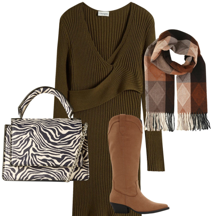 Outfit donna - Toni terra. Stile Chic per Tutti i giorni. Abbinamento con stivali, vestiti, sciarpe, borse a tracolla.