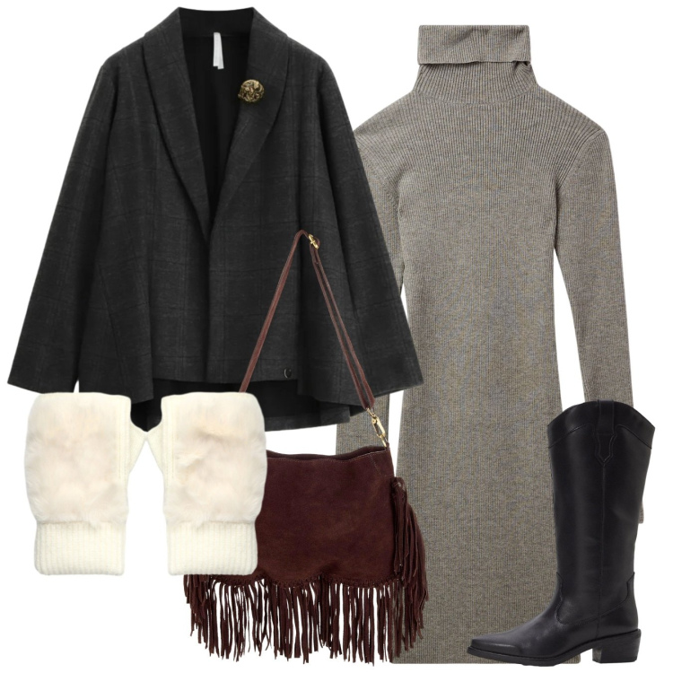 Outfit donna - Stile. Stile Chic per Tutti i giorni. Abbinamento con stivali, borse a tracolla, vestiti corti, guanti, blazer.