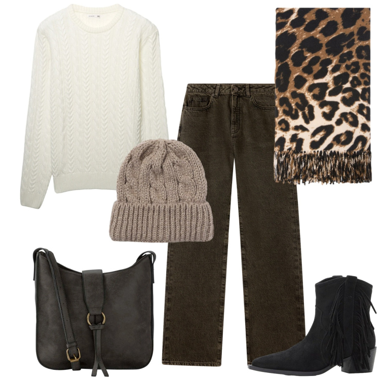 Outfit donna - Casual chic. Stile Casual chic per Tutti i giorni. Abbinamento con stivaletti texani, borse a tracolla, jeans dritti, pullovers, berretti, sciarpe.