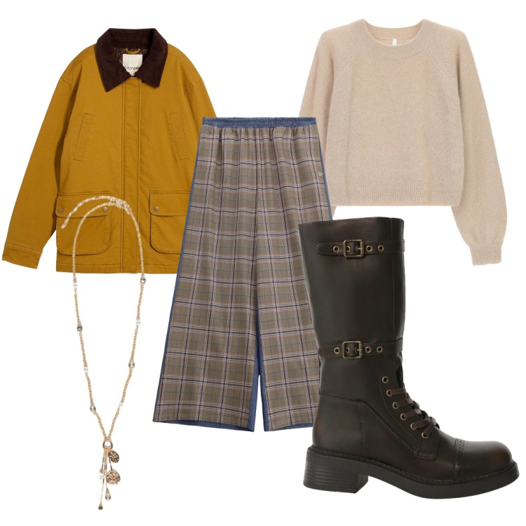 Outfit donna - Dicembre ufficio. Stile Basic per Ufficio. Abbinamento con parka, pantaloni a palazzo, stivali, maglieria, ciondoli.
