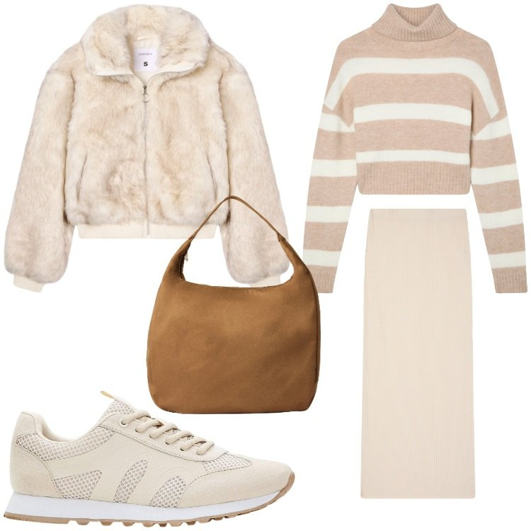 Outfit donna - Sporty beige. Stile Sporty chic per Tutti i giorni. Abbinamento con sneakers, gonne lunghe, borse a mano, maglieria, ecopellicce.
