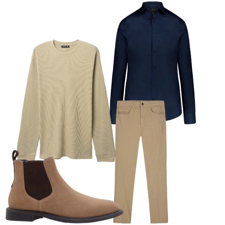 Outfit uomo - Elegante. Stile Business/Elegante per Ufficio. Abbinamento con stivali e stivaletti, maglieria, camicie, pantaloni.