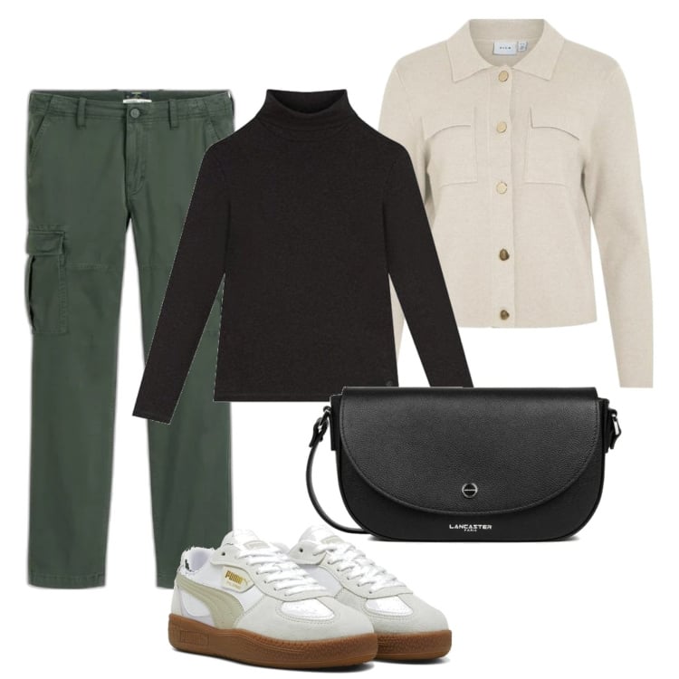 Outfit mujer - Basic look. Estilo Basic para Todos los días. Combinación con sneakers, camiseta, pantalones cargo, cárdigans, bandoleras.