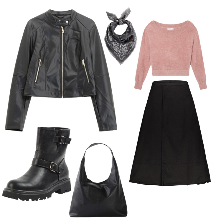 Outfit donna - Gothic chic. Stile Sporty chic per Tutti i giorni. Abbinamento con shopping bag, foulard, maglieria, stivaletti, giacche, gonne lunghe.