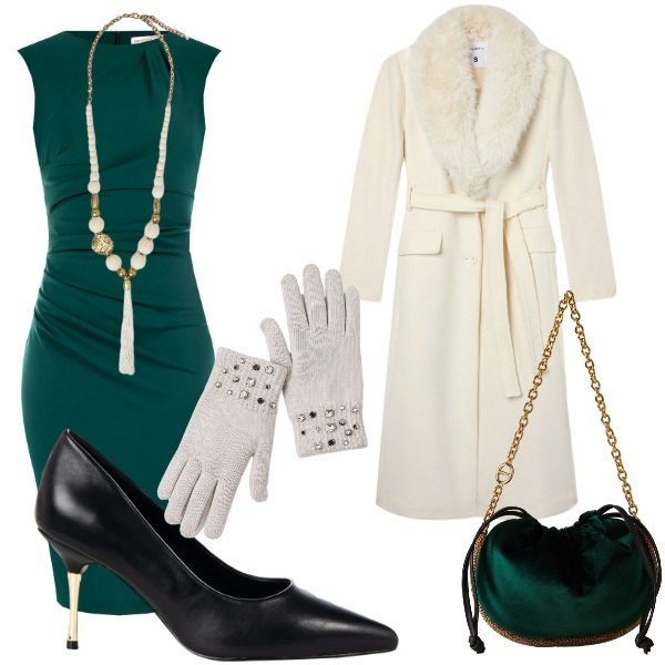 Outfit donna - tubino verde tacco a spillo. Stile Sexy per Serata fuori. Abbinamento con décolleté, vestiti a tubino, guanti, cappotti, borse a spalla, ciondoli.
