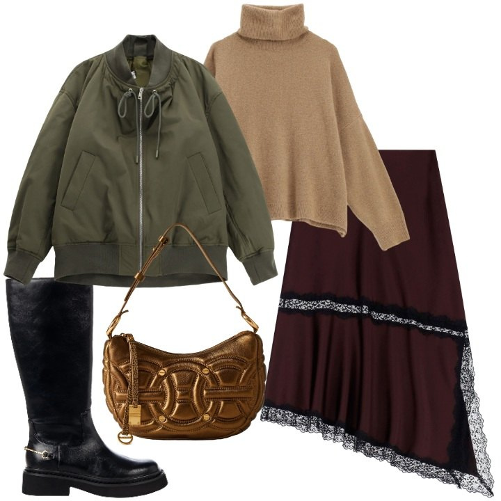 Outfit donna - Bomber in città. Stile Urban per Tutti i giorni. Abbinamento con stivali sopra il ginocchio, bomber, gonne lunghe, maglieria, borse a spalla.