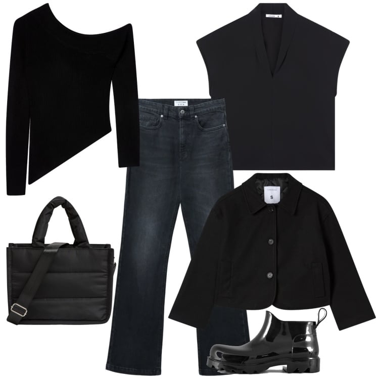 Outfit donna - Basic black. Stile Casual per Tutti i giorni. Abbinamento con jeans bootcut, maglieria, bluse, shopping bag, blazer, stivali.