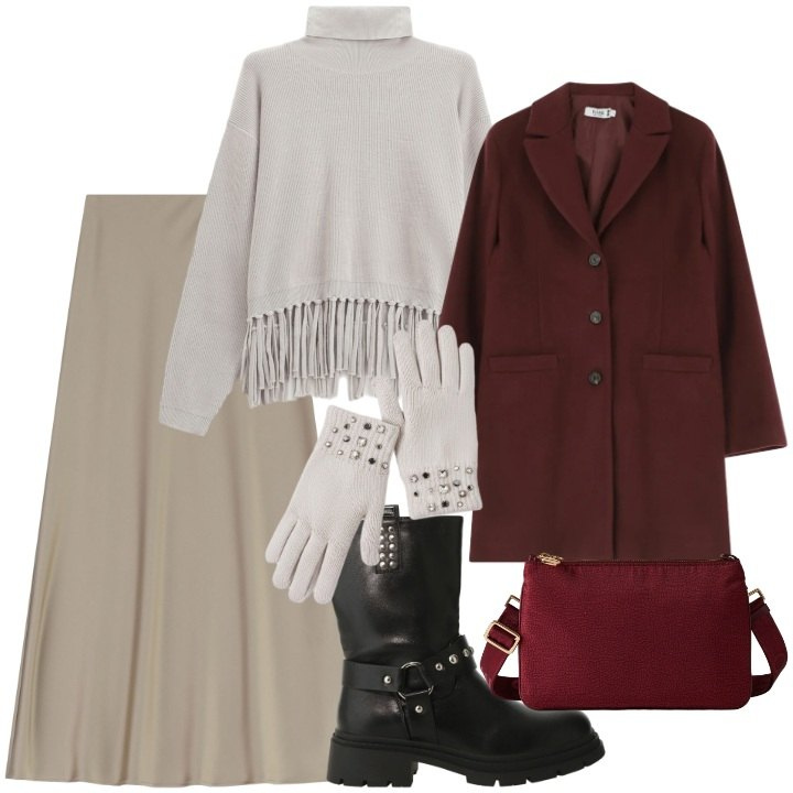 Outfit donna - Maglione con le frange. Stile Urban per Tutti i giorni. Abbinamento con cappotti, maglieria, guanti, gonne lunghe, stivali, borse a tracolla.