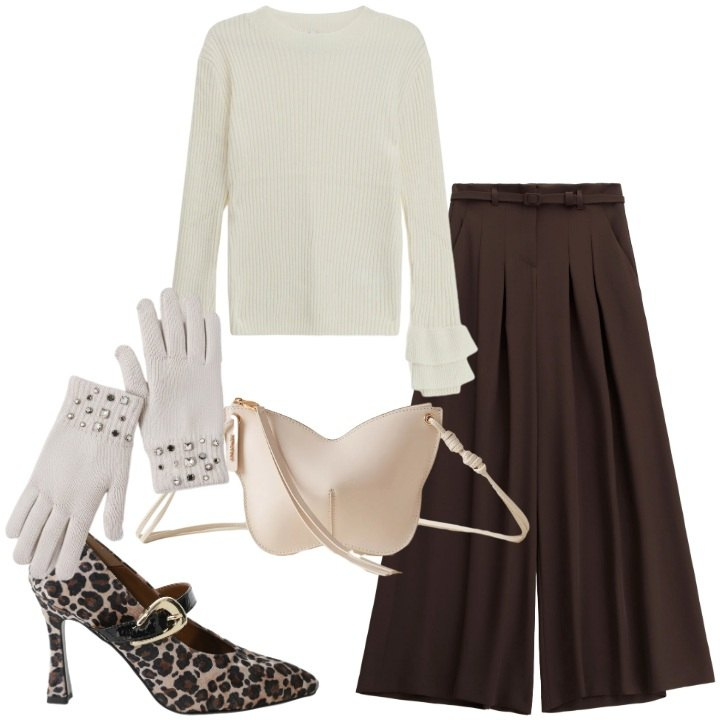 Outfit donna - Serata invernale. Stile Romantica per Serata fuori. Abbinamento con guanti, maglieria, pantaloni a palazzo, décolleté, borse a tracolla.