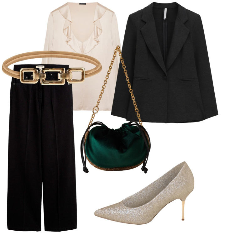 Outfit donna - Invito di sera. per Serata fuori. Abbinamento con pantaloni, cinture, décolleté, blazer, borse a spalla, bluse.