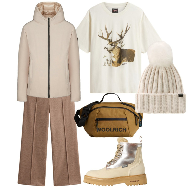 Outfit donna - Total look #2295116. Stile Basic per Ufficio. Abbinamento con piumini, pantaloni, t-shirt, borse a tracolla, anfibi, berretti.