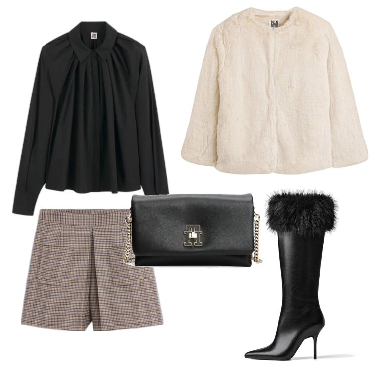 Outfit mujer - Chic outfit. Estilo Chic para Noche/Fiesta elegante. Combinación con shorts, camisas, abrigos, bandoleras, botas.