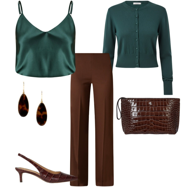 Outfit donna - Classe colori nature. Stile Chic per Ufficio. Abbinamento con décolleté, pochette, orecchini, cardigans, pantaloni a palazzo, top.