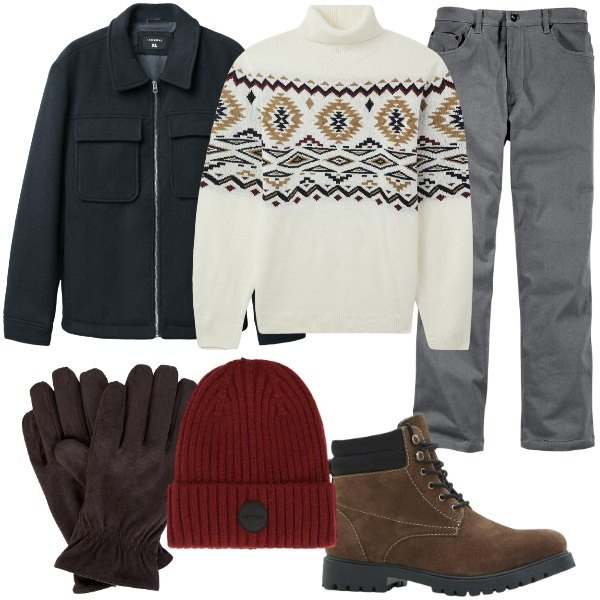 Outfit uomo - Dolcevita a Novembre. Stile Casual per Tutti i giorni. Abbinamento con pantaloni, stivali e stivaletti, maglieria, cappotti, berretti, guanti.