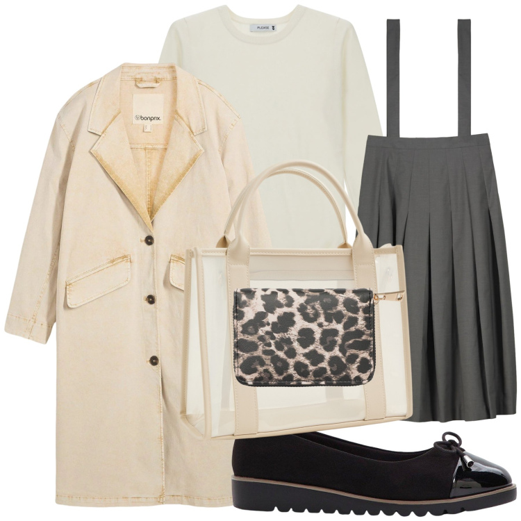 Outfit donna - Sessione di shopping. Stile Urban per Tutti i giorni. Abbinamento con trench, ballerine, maglieria, portafogli, borse tote, gonne lunghe.