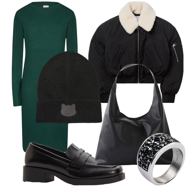 Outfit donna - Total look. Stile Trendy per Ufficio. Abbinamento con shopping bag, mocassini, anelli, blazer, berretti, vestiti midi/longuette.