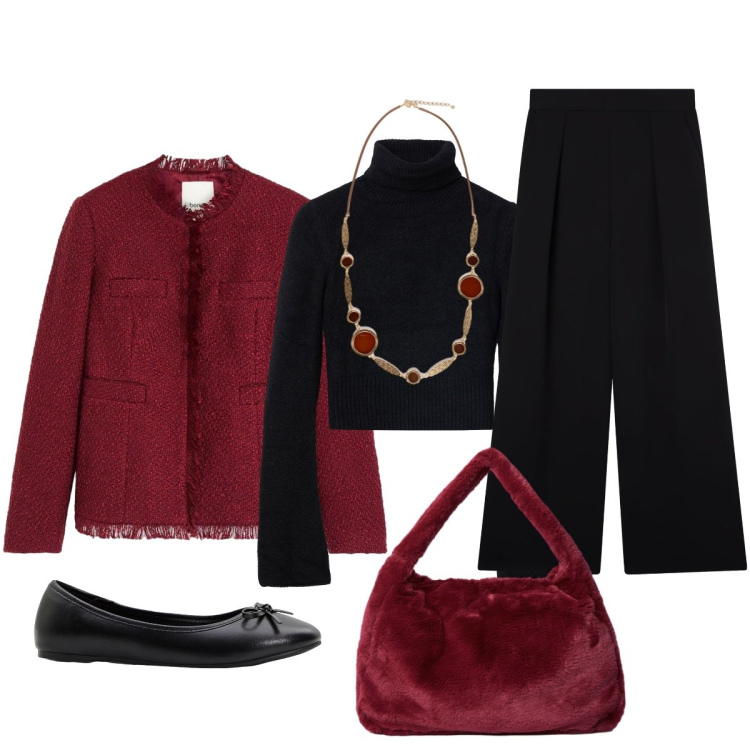 Outfit donna - Elegante e sofisticata. Stile Glamour per Tutti i giorni. Abbinamento con cappotti, ballerine, maglieria, pantaloni, collane, borse a spalla.