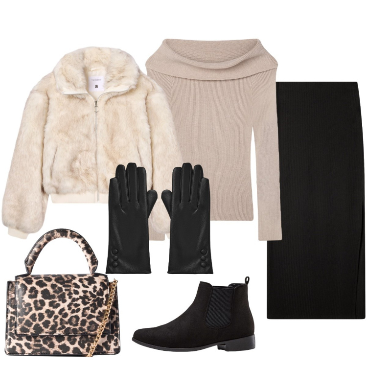 Outfit donna - Chic In città. Stile Glamour per Tutti i giorni. Abbinamento con stivaletti chelsea, maglieria, borse a tracolla, gonne lunghe, guanti, ecopellicce.