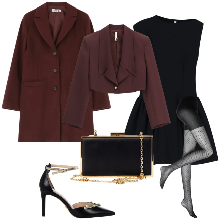 Outfit donna - Mi preparo per le feste. Stile Chic per Serata fuori. Abbinamento con collant, cappotti, décolleté, pochette, vestiti corti, blazer.