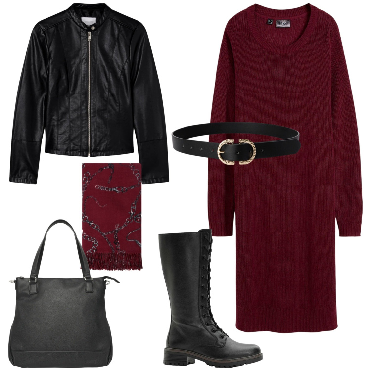 Outfit donna - In giro per negozi. Stile Glamour per Tutti i giorni. Abbinamento con vestiti, stivali, giacche, cinture, shopping bag, sciarpe.