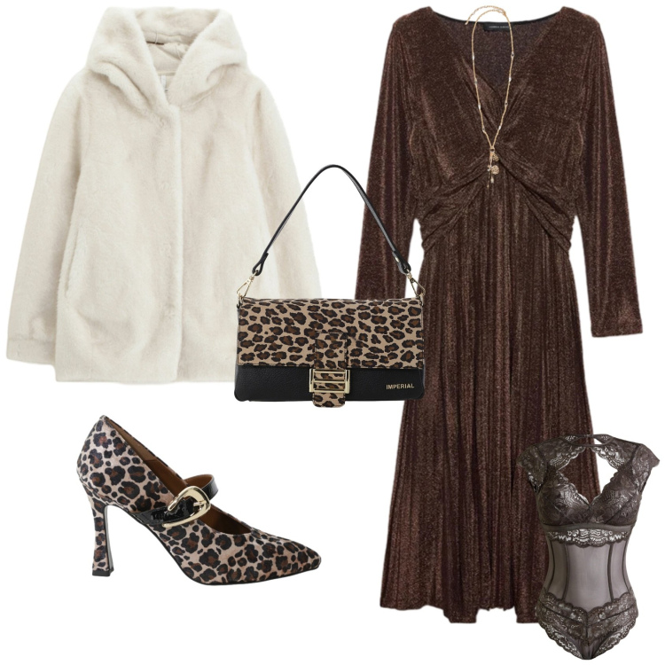 Outfit donna - In saldo mi preparo per le feste. Stile Chic per Serata fuori. Abbinamento con body, ecopellicce, borse a spalla, décolleté, vestiti lunghi, ciondoli.