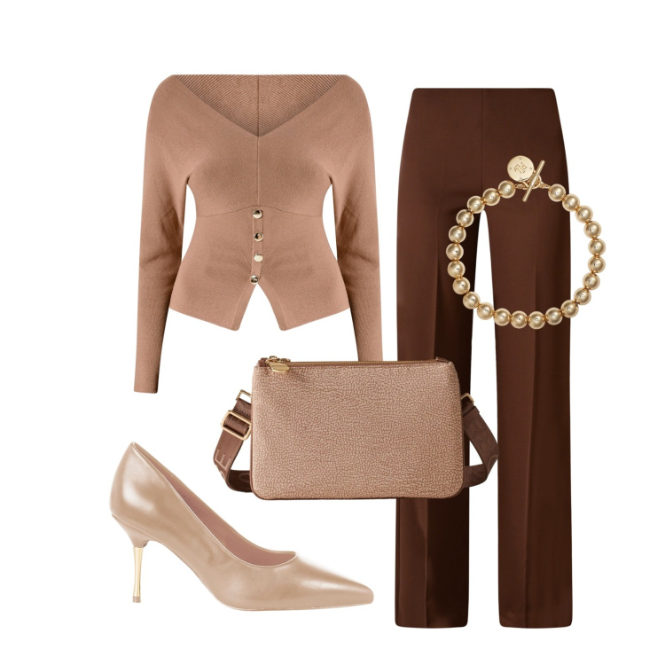 Outfit donna - Eleganza in ufficio. Stile Casual chic per Ufficio. Abbinamento con borse a tracolla, braccialetti, maglieria, pantaloni a palazzo, décolleté.