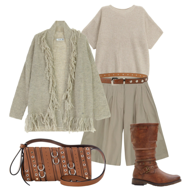 Outfit donna - Il cardigan con le frange. Stile Urban per Tutti i giorni. Abbinamento con stivali, cardigans, borse a spalla, maglieria, cinture, bermuda.