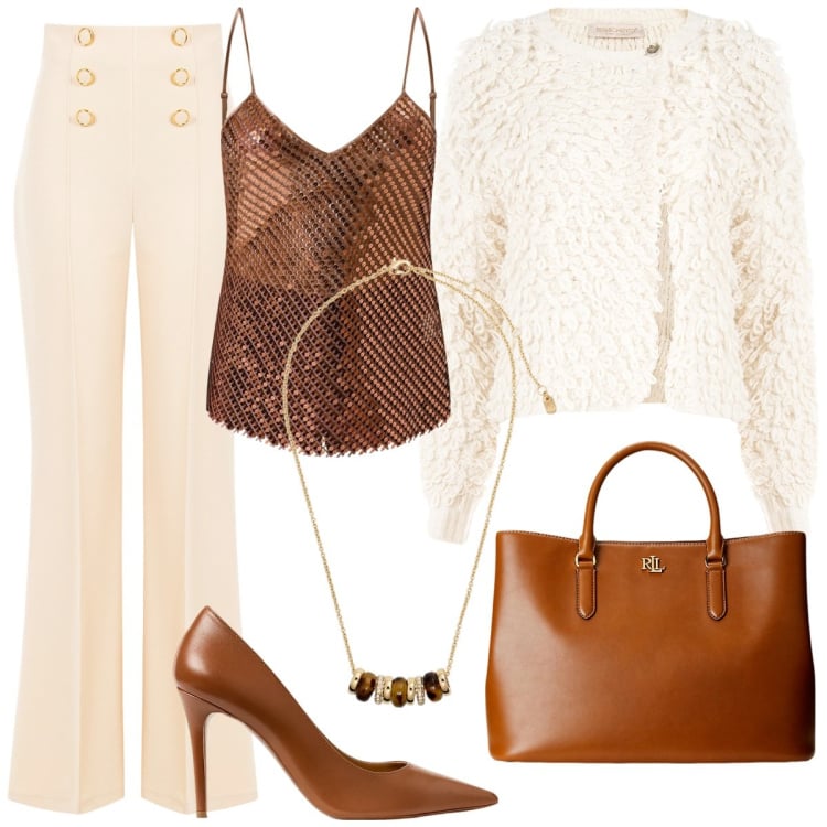 Outfit donna - Panna e marroni. Stile Romantica per Cerimonia. Abbinamento con borse a mano, décolleté, collane, cardigans, pantaloni, canottiere.