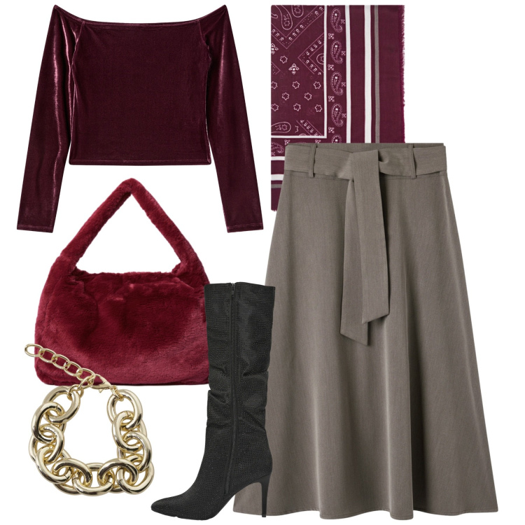 Outfit donna - Serata con stile - Focus Donna Curvy Ita. Stile Chic per Serata fuori. Abbinamento con gonne lunghe, bluse, stivali, braccialetti, foulard, borse a spalla.