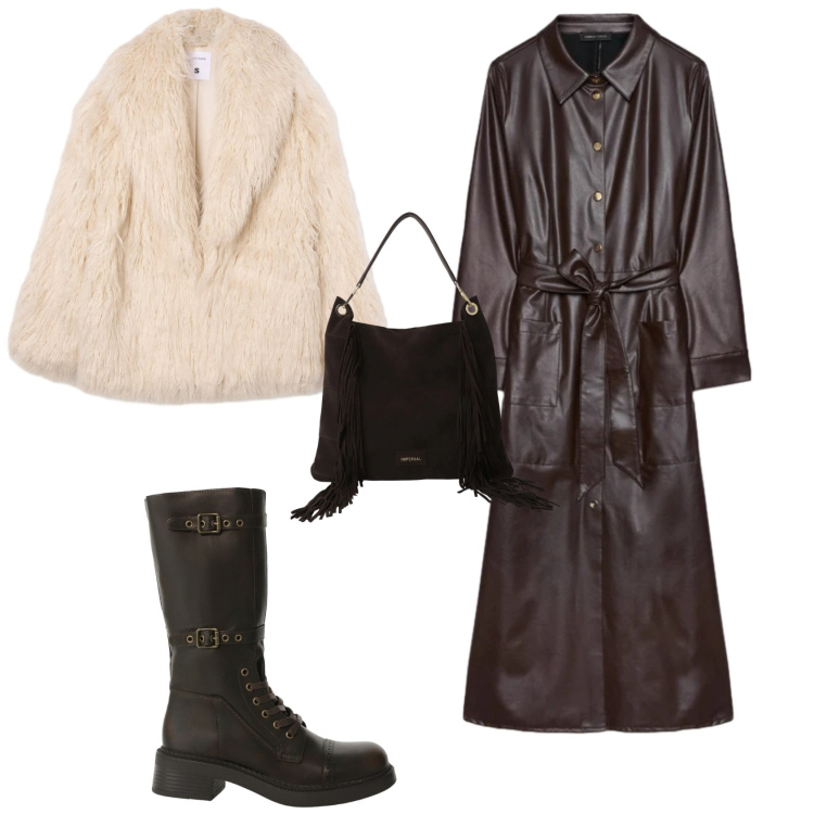 Outfit donna - Rock chic. Stile Rock per Tutti i giorni. Abbinamento con ecopellicce, borse a spalla, stivali, vestiti chemisier.