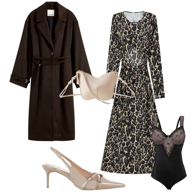 Outfit donna - Chic con l animalier. Stile Chic per Serata fuori. Abbinamento con cappotti, body, décolleté, vestiti lunghi, borse a tracolla.