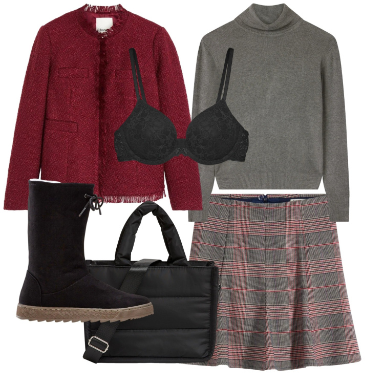 Outfit donna - Tartan e giacchino. Stile Bon Ton per Ufficio. Abbinamento con minigonne, stivali, cappotti, shopping bag, reggiseni push-up, maglieria.