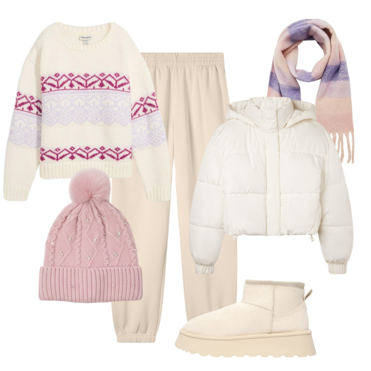 Outfit donna - Passeggiata sotto zero. Stile Casual per Tutti i giorni. Abbinamento con maglieria, pantaloni, sciarpe, bomber, stivaletti, berretti.