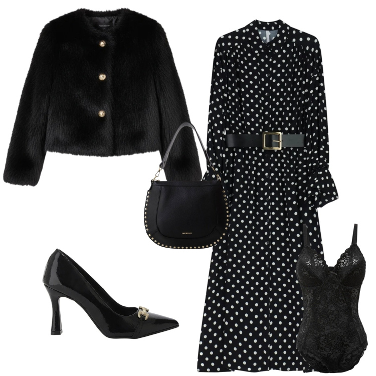 Outfit donna - Bin ton serata evento speciale. Stile Bon Ton per Serata fuori. Abbinamento con body, ecopellicce, vestiti midi/longuette, décolleté, borse a spalla.