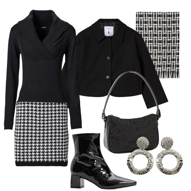 Outfit donna - Cena informale pied de poule. Stile Glamour per Serata fuori. Abbinamento con vestiti, borse a mano, stivaletti, blazer, orecchini, sciarpe.
