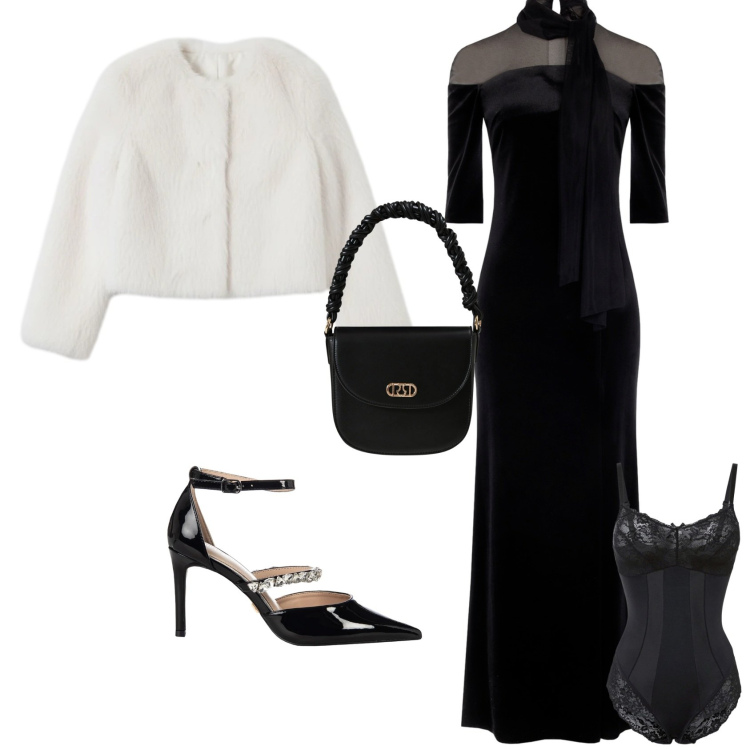 Outfit donna - Bin ton serata evento speciale. Stile Bon Ton per Serata fuori. Abbinamento con body, vestiti lunghi, décolleté, borse a mano, ecopellicce.