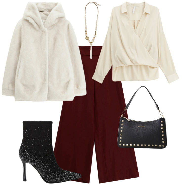 Outfit donna - Mi preparo per le feste. Stile Chic per Tutti i giorni. Abbinamento con pantaloni a palazzo, pochette, ecopellicce, stivaletti, camicie, ciondoli.