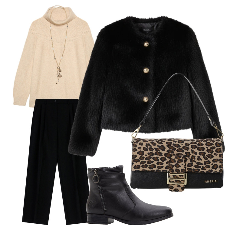 Outfit donna - Elegante e chic con l\'ecopelliccia. Stile Casual chic per Tutti i giorni. Abbinamento con stivaletti, ecopellicce, borse a spalla, pantaloni a palazzo, maglieria, ciondoli.