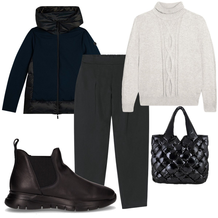 Outfit donna - Pratico e comodo. Stile Casual chic per Tutti i giorni. Abbinamento con piumini, maglieria, pantaloni, borse tote, stivaletti chelsea.
