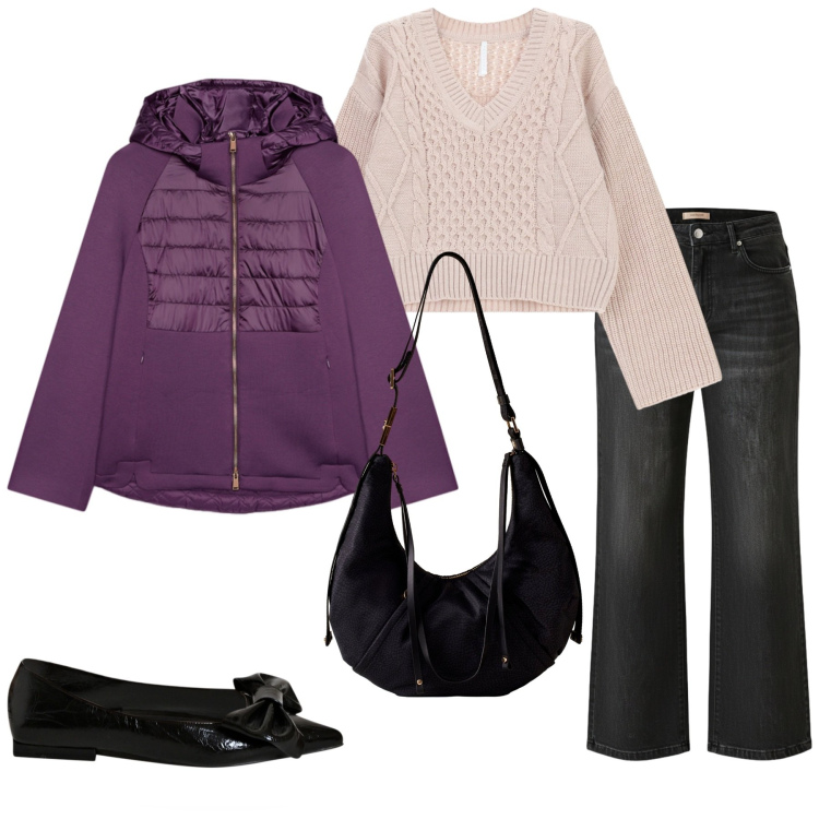 Outfit donna - Novembre purple. Stile Casual per Tutti i giorni. Abbinamento con jeans, ballerine, maglieria, borse a spalla, piumini.
