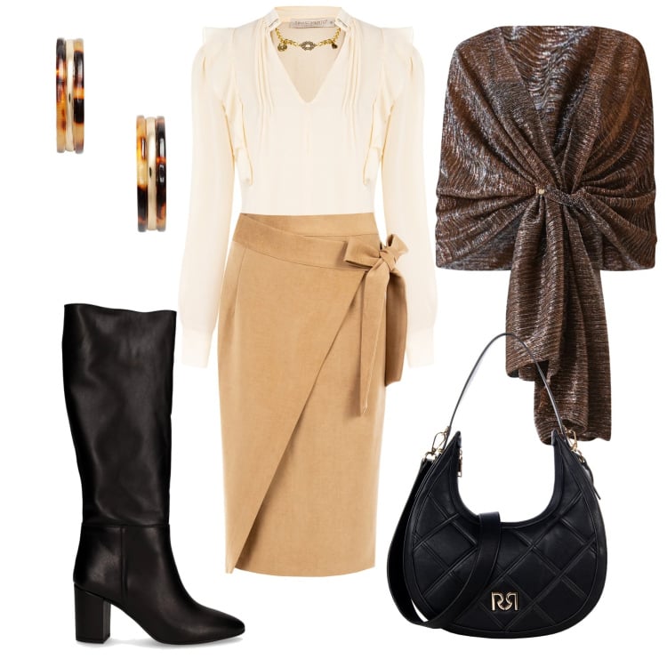 Outfit donna - Elegante e femminile con gonna e stivali. Stile Chic per Serata fuori. Abbinamento con orecchini, bluse, gonne longuette, stole, borse a tracolla, stivali.