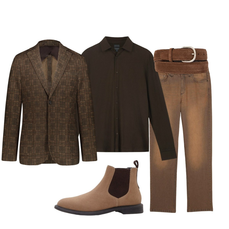 Outfit uomo - Look monocromatico. Stile Trendy per Tutti i giorni. Abbinamento con stivali e stivaletti, jeans, giacche, polo, cinture.