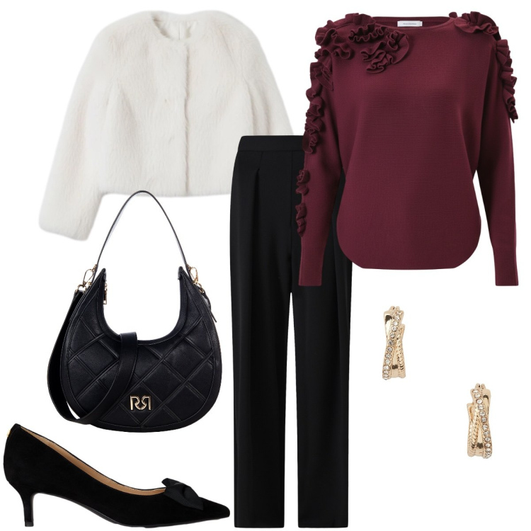 Outfit donna - Un evento speciale. Stile Chic per Cerimonia. Abbinamento con orecchini, décolleté, pantaloni, ecopellicce, borse a tracolla, maglieria.