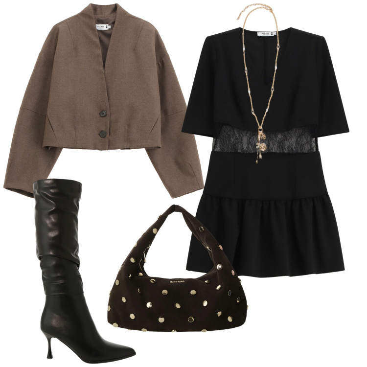 Outfit donna - Total look #2295187. Stile Glamour per Serata fuori. Abbinamento con vestiti corti, blazer, stivali sopra il ginocchio, borse a spalla, ciondoli.